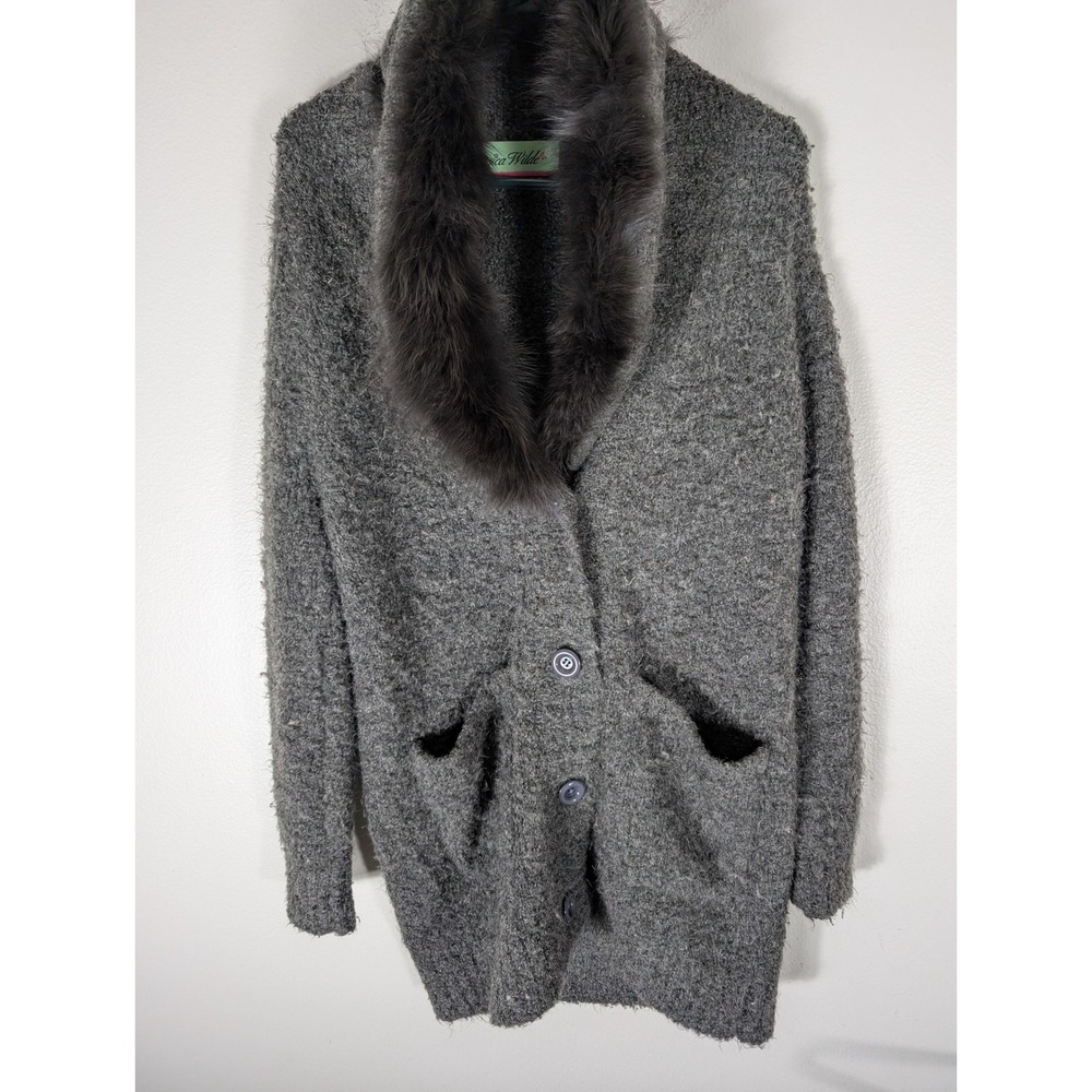 Jessica Wilde Women's M Fox Fur Collar Gray Knit Cardigan Elbow Patch Sweater